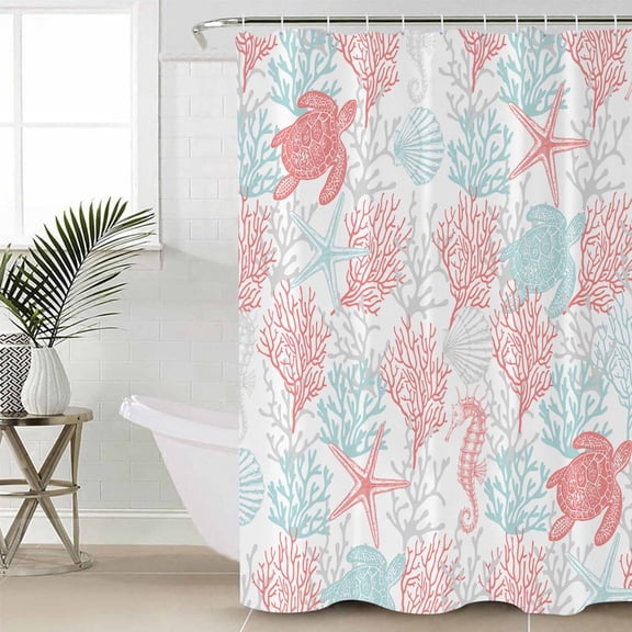 Red Aqua Coastal Waterproof Fabric Shower Curtain, Sea Turtle Nautical Coral Summer Beach Shower Curtain for Bathroom Curtains Bathtubs Hotel Washable Shower Curtains with 12 Hooks Standard 66x72