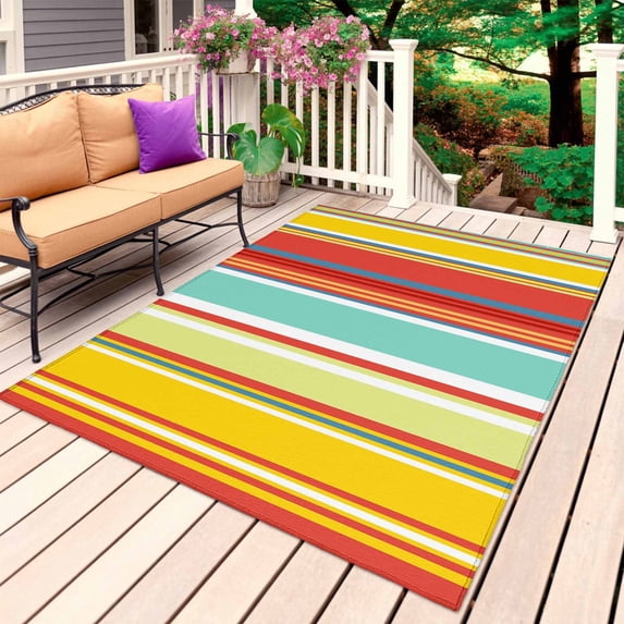 Red Aqua Stripe Outdoor Rug for Patio/Deck/Porch, Non-Slip Large Area Rug 5 x 7 Ft, Country Abstract Art Colorful Striped Indoor Outdoor Rugs Washable Area Rugs, Reversible Camping Rug Carpet Runner