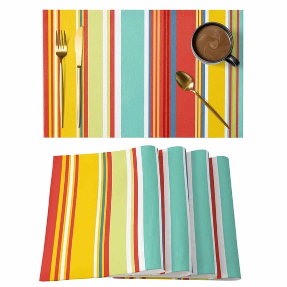Red Aqua Stripe Placemats Set of 12, Country Abstract Art Colorful Striped Placemats for Dining Table, Place Mats for Kitchen Tabletop, Waterproof Wipeable Dining Table Mats Set