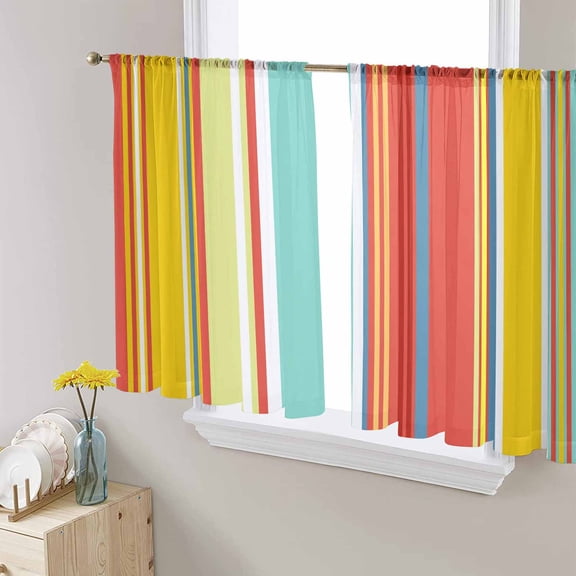 Red Aqua Stripe Sheer Curtains 54 Inches Length 2 Panels Set, Window Sheer Curtains for Living Room/Bedroom, Country Abstract Art Colorful Striped Light Filtering Rod Pocket Curtain 52'' x 54'' x 2