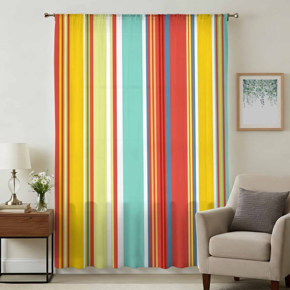 Red Aqua Stripe Sheer Curtains 54 Inches Long, Country Abstract Art Colorful Striped Light Filering Curtains, Breathable Simi Curtain Privacy Drapes for Kitchen Bathroom Small Window Treatment