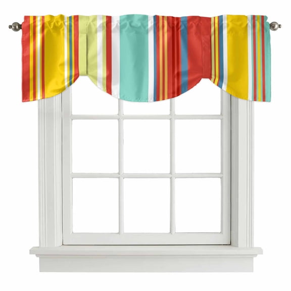 Red Aqua Stripe Tie Up Valance Curtains for Windows, Kitchen Curtains Window Treatments, Country Abstract Art Colorful Striped Short Window Shades Valances for Bedroom Bathroom Cafe 42"x12"
