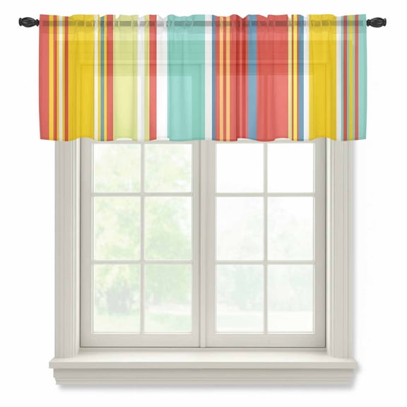 Red Aqua Stripe Valance Curtains for Kitchen/Living Room/Bathroom/Bedroom Window, Rod Pocket Small Topper Half Short Window Curtains Voile Sheer Scarf, Country Abstract Art Colorful Striped 42"x18"