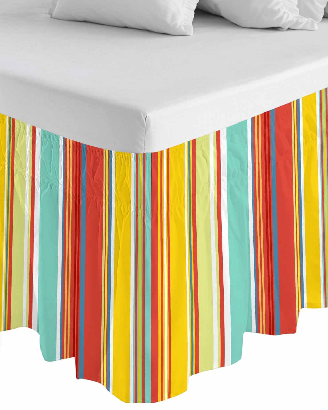Red Aqua Stripe Wrap Around Bed Skirts for Queen Bed 16" Drop,Bed Skirt with Adjustable Elastic Belt Dust Ruffle Bed Valance for Bedroom Hotel Country Abstract Art Colorful Striped Bed Frame Cover