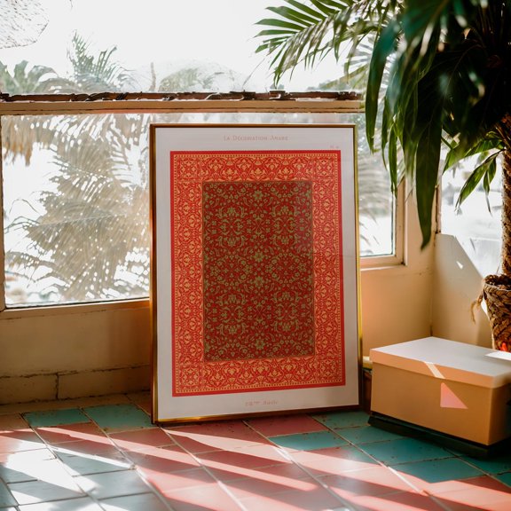 Red Arabic Arabesque Ornament Pattern Wall Decor Unframed Paper Print