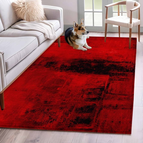 Red Area Rug 4x6 FT, Non Slip Kids Room Carpet, Retro Oil Painting Modern Abstract Art Aesthetics Washable Soft Floor Carpet Non-Shedding Throw Rug for Dorm Kitchen Study Room Home Office Bedside
