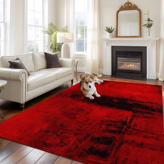 Red Area Rug 5x8 FT, Non Slip Bedroom Throw Carpet, Retro Oil Painting Modern Abstract Art Aesthetics Washable Soft Floor Carpet Non-Shedding Rug for Living Room Nursery Dorm Office