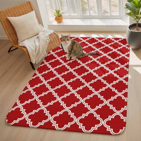 Red Area Rugs for Living Room 5x6, Moroccan Geometric Abstract Washable Area Rug with Non Slip Backing, Stain Resist Linen Carpet for Bedroom, Dining Room, Entryway, Entrance
