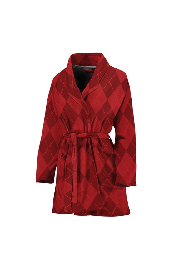 Red Argyle Pattern Women Bathrobe One Size Univeral Fits, Checkered Caro Plaid Tartan Fashion Lightweight Plush Fleece Long Robe For Women