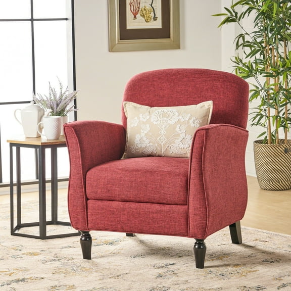 Red Armchair With Medium Piping, Polished Turned Legs, Curvy Retro Arms And Comfortable Fabric, 29.54 In. W X 33.73 H 27.97 D Charming Upholstery, Legs Curved Arms, Deep Wide High