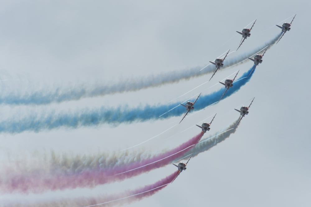 Red Arrows In Action At The Eastbourne Airshow East Sussex Uk Canvas Art - Ian Cumming Design Pics (34 x 22)