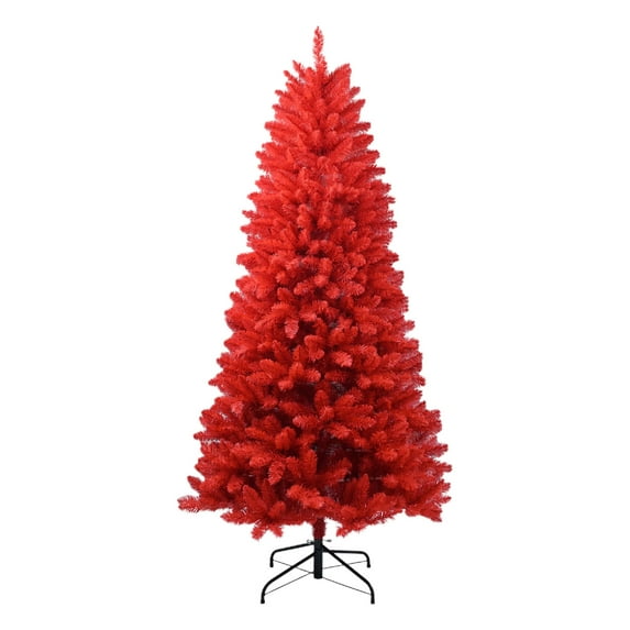 Red Artificial Christmas Tree Full Decorated Christmas Tree with Metal Foldable Stand, 7 ft Classic Spruce Xmas Tree Office Festival Home Indoor Outdoor Decor Full Real Halloween Xmas Tree