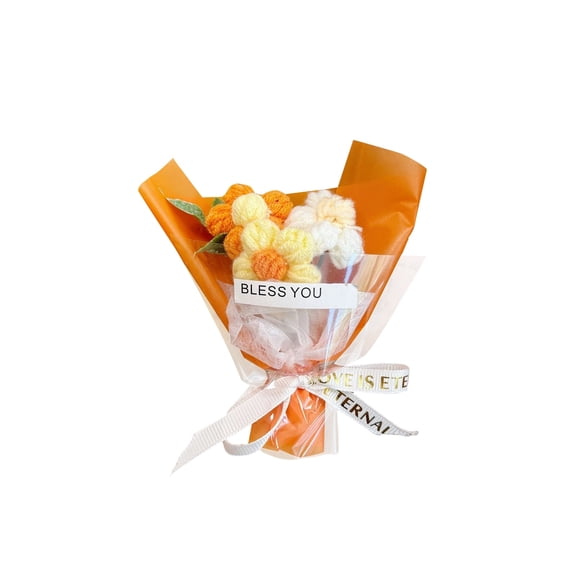 Red Artificial Crochet Sunflower Bouquet, Clear Cellophane Wrapping, Thank You Ribbon, Small Thank You Gifts, 12 In, 1 Set