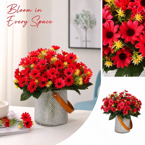 Red Artificial Daisy Flowers with Green Leaves, Bouquet for Living Room Table Decor, Fall Decoration 1 Set