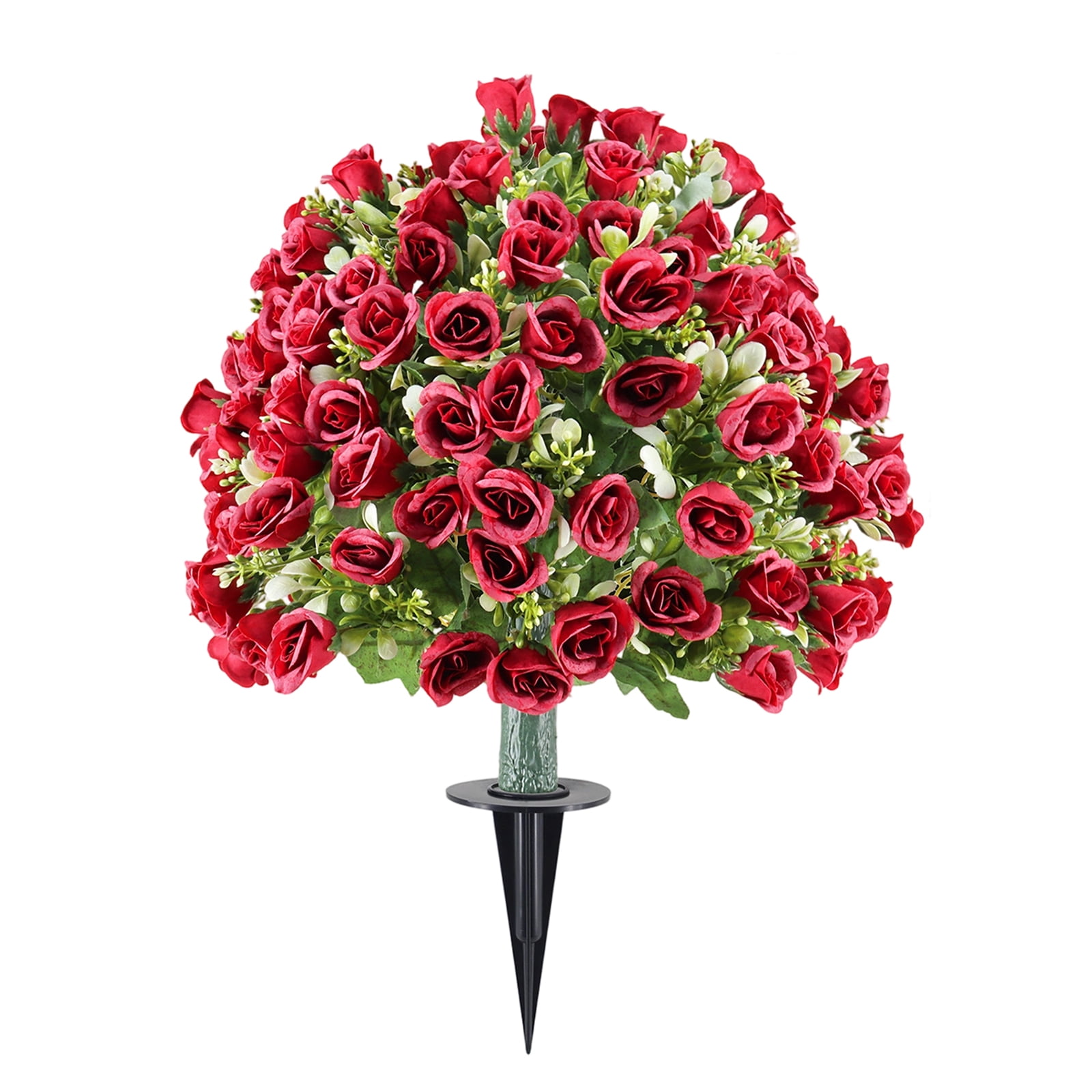 Red Artificial Flowers for Outdoors 24" UV Resistant Outdoors Fake Rose Bushes Realistic Faux Greenery Shrubs with Stake for for Garden Yard Porch