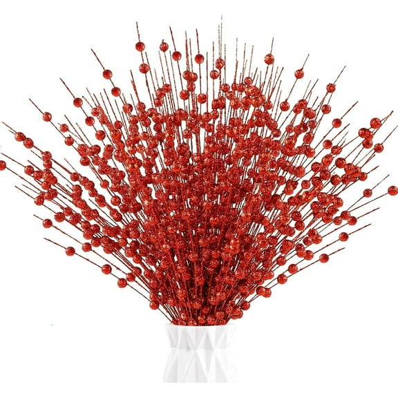 Red Artificial Glitter Berry Stem Ornaments, 10Pcs 17 inches Fake Christmas Picks Decorative Glitter Bead Sticks for Christmas Tree DIY Wreath Crafts Vase Gift Fireplace Holiday Home Decor