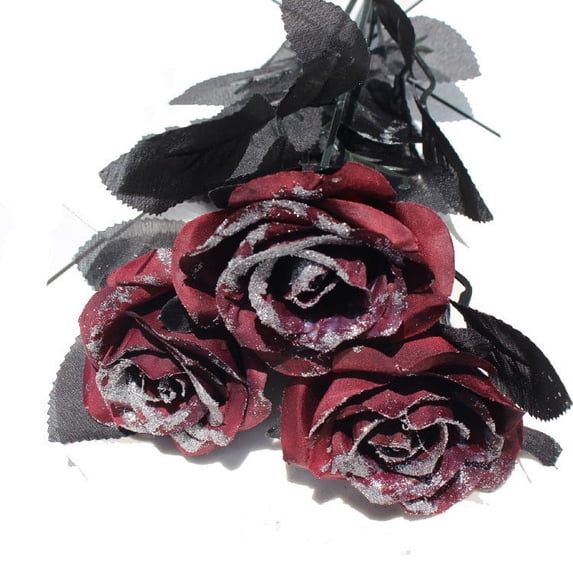 Red Artificial Latex Rose with Silver Powder for Halloween Dark Wedding Home Decor
