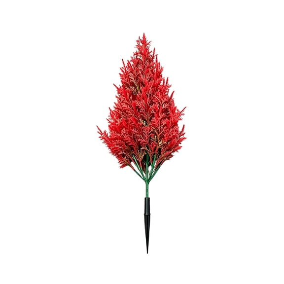 Red Artificial Pine Shrub Ground Stake – Plastic Christmas Tree Pick for Garden Yard Cemetery Decor with Spike, Fall Winter Outdoor Setup