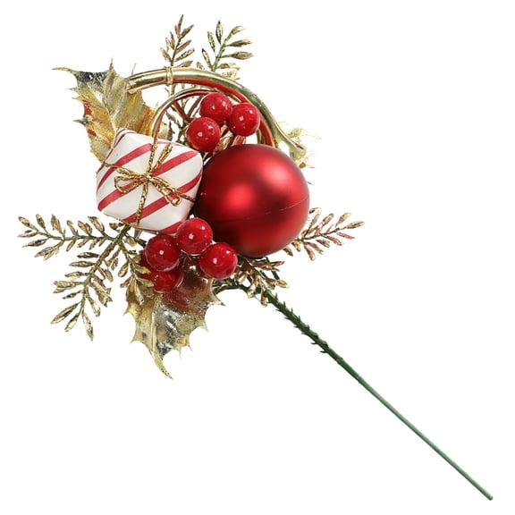 Red Artificial Pinecone Pick With Holly Leaves For Christmas Holiday Wreath Garland Vase Home Festive Decor