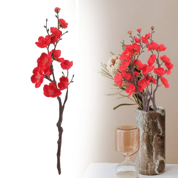 Red Artificial Plum Blossom Stem,Realistic Faux Flowers for Home Decor, Indoor Outdoor Floral Arrangement, Wedding Centerpiece, DIY Picks，Red，1 Branch