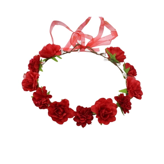 Red Artificial Rose And Leaf Floral Headband With Adjustable Ribbon Perfect For Festive Hairstyles And Special Occasion Accessories