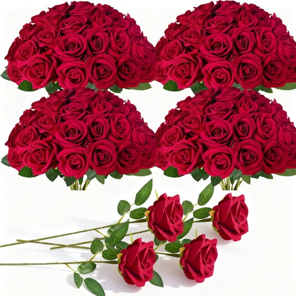 Red Artificial Rose Bulk Silk Bouquet with Stems for Home and Event Decor
