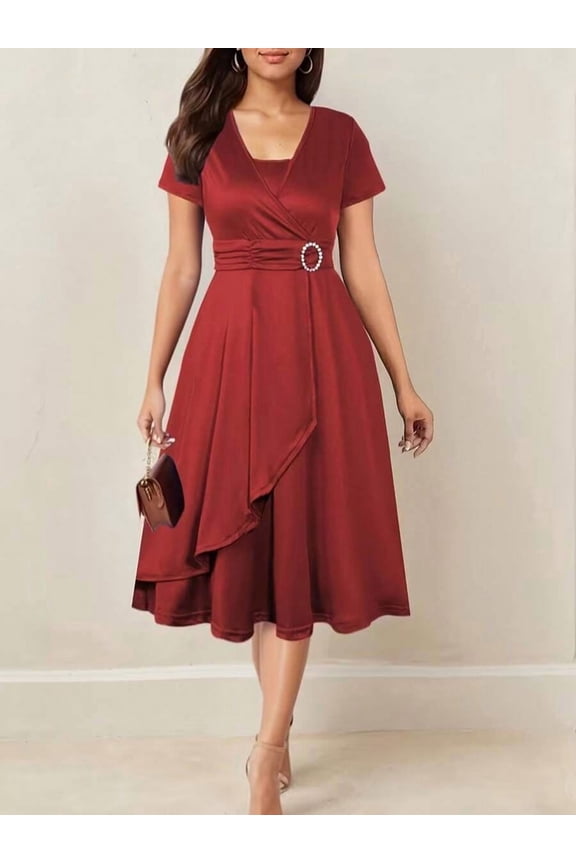 Red Asymmetric V-Neck Midi Dress With Ruched Waist And Pearl-Embellished Belt, Elegant Wrap Style