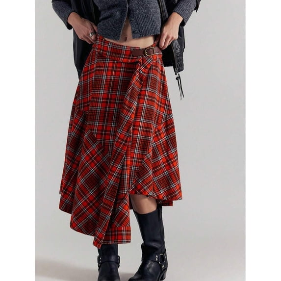 Red Asymmetrical Midi Plaid Skirt For Women Casual Streetwear Wrap Style