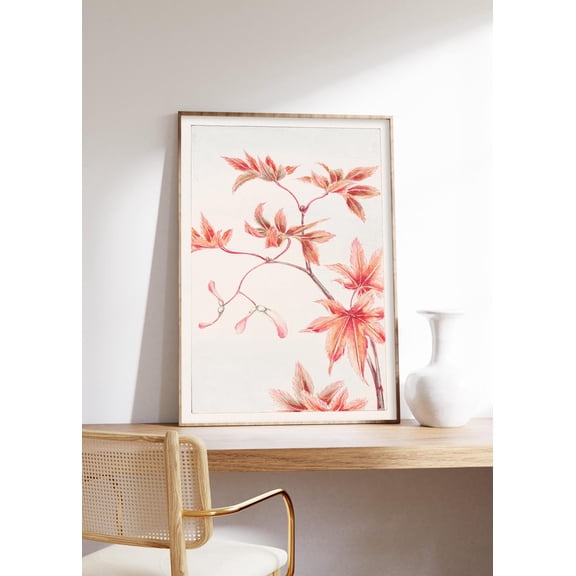 Red Autumn Botanical Japanese Maple Leaf Zen Nature Wall Art, Seasonal Living Room And Home Decor