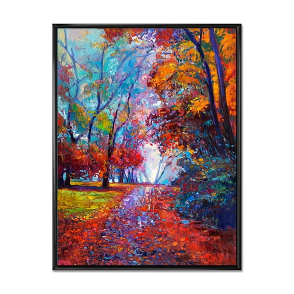 Red Autumn Landscape With Little Road 12 in x 20 in Framed Painting Canvas Art Print, by Designart