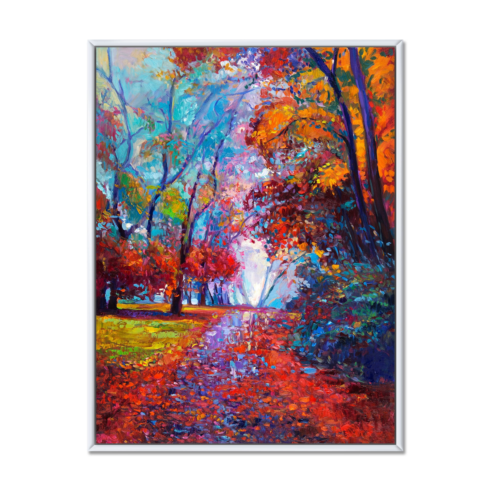 Red Autumn Landscape With Little Road 16 in x 32 in Framed Painting Canvas Art Print, by Designart