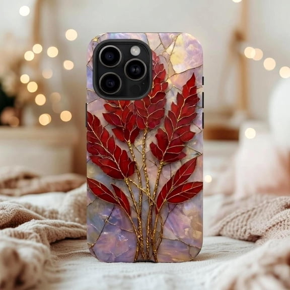 Red Autumn Leaf Stained Glass Case - Luxury Botanical Fall Art Compatible with iPhone 17, 16, 15, 14 Pro Max MagSafe Cover