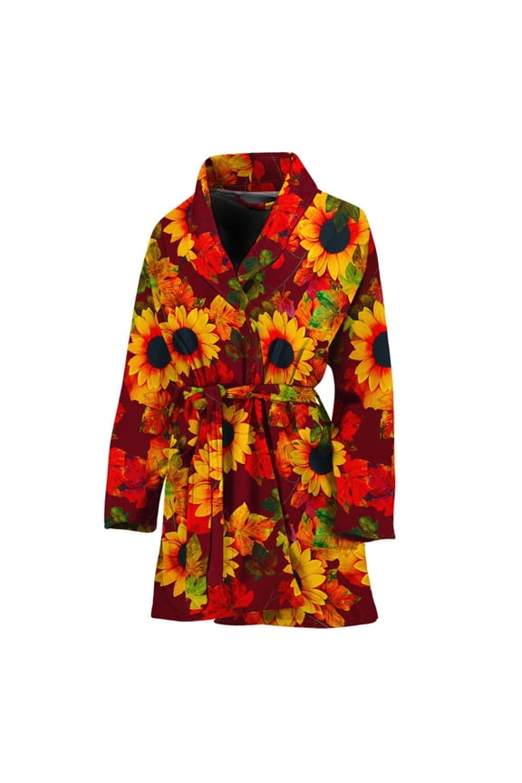 Red Autumn Sunflower Pattern Women Bathrobe One Size Univeral Fits Fashion Lightweight Plush Fleece Long Robe For Women