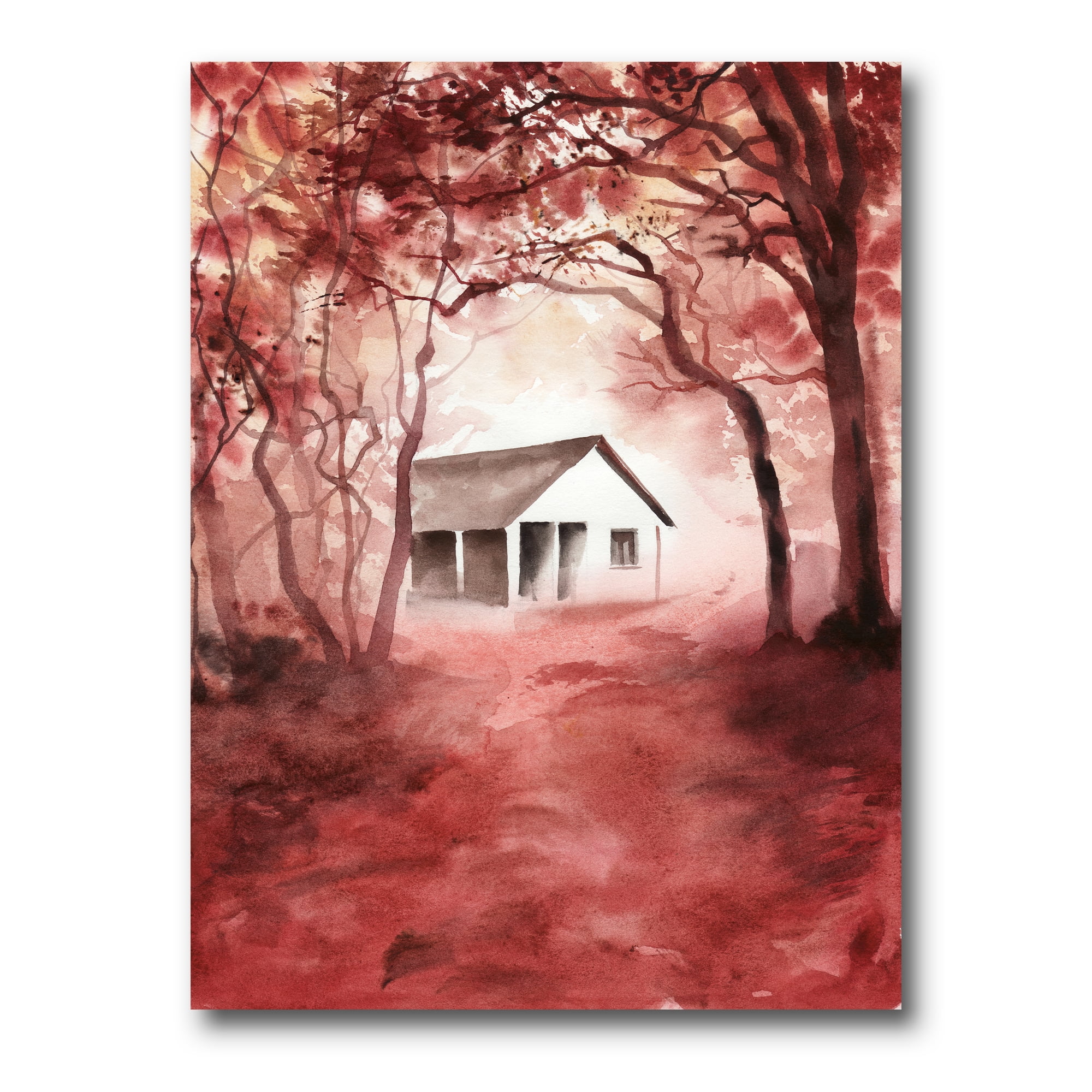Red Autumn Woods and A House in Wild 16 in x 32 in Painting Canvas Art Print, by Designart