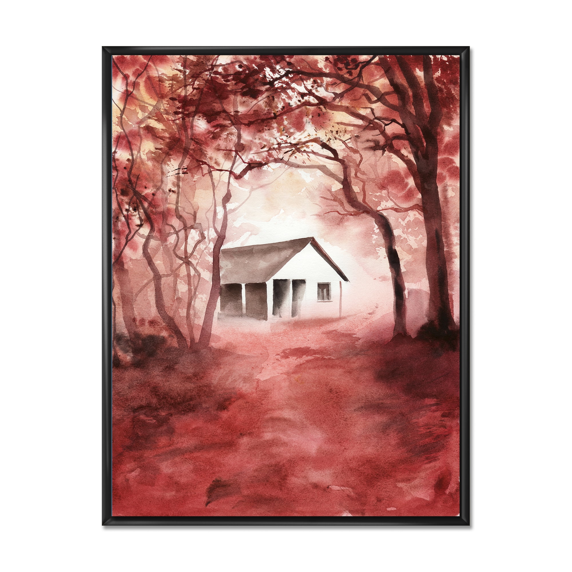 Red Autumn Woods and A House in Wild 24 in x 32 in Framed Painting Canvas Art Print, by Designart