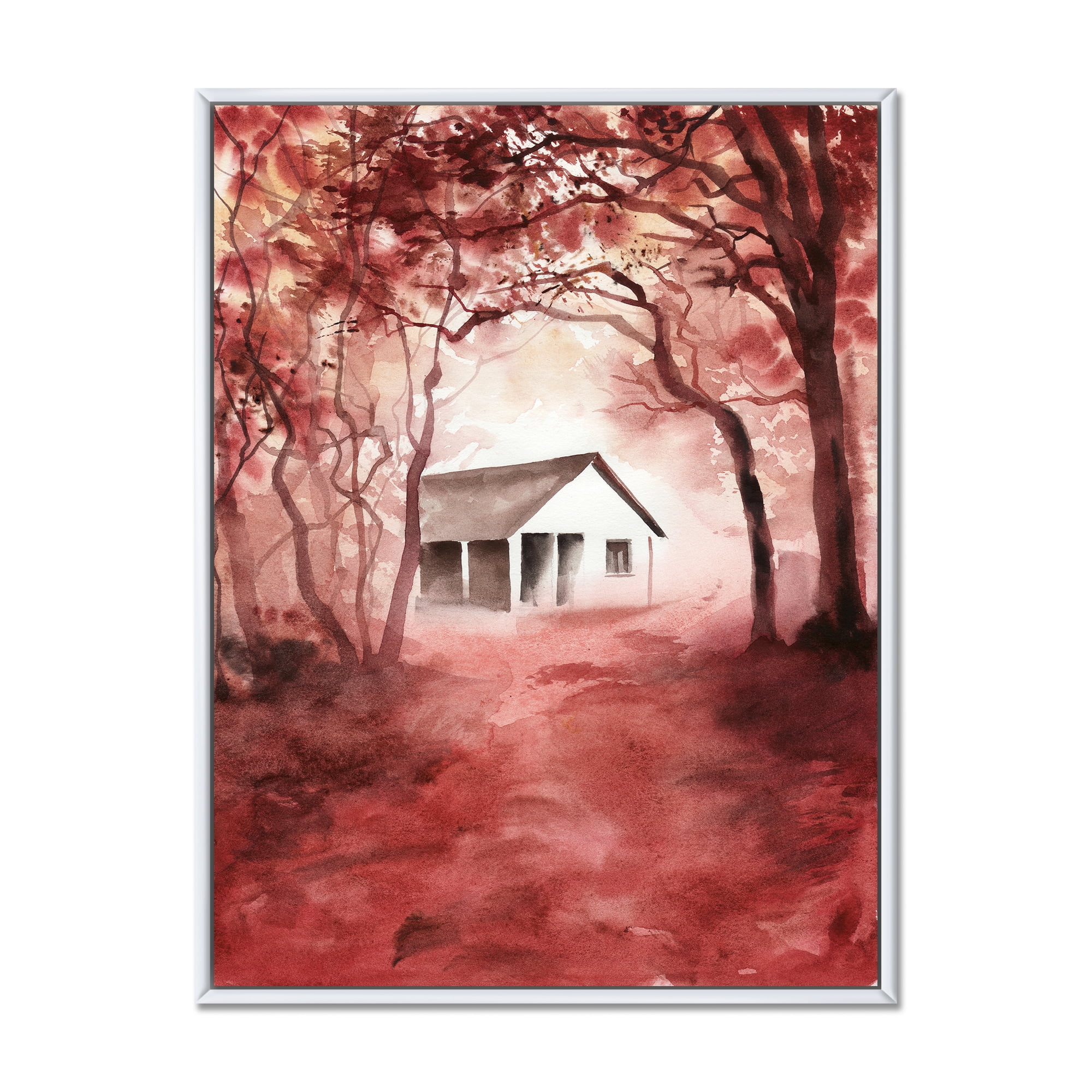 Red Autumn Woods and A House in Wild 30" x 40" Framed Painting Canvas Art Print, by Designart
