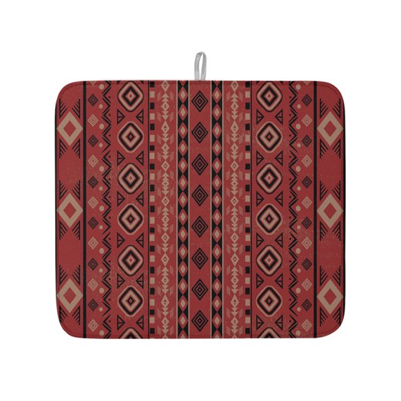 Red Aztec Tribal Striped Dish Drying Mats for Kitchen Counter,Absorbent Microfiber Dish Drainer Rack Mat Abstract Bohemian Art Drying Pad for Sinks,Utensils,Countertops,16x18in