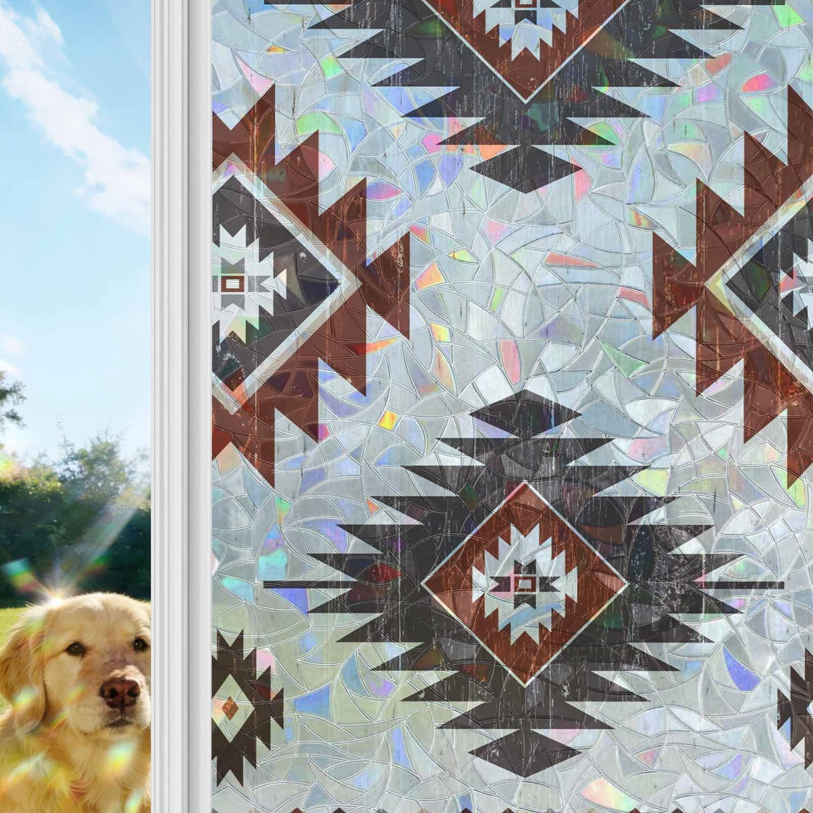 Red Aztec Window Privacy Film Stain Glass,Reusable Decorative Rainbow Window Film,Southwest Boho Abstract Geometric Aesthetic Static Cling Sun Blocking Stickers Decals Covers 23.6" x 78.7" (2pcs)