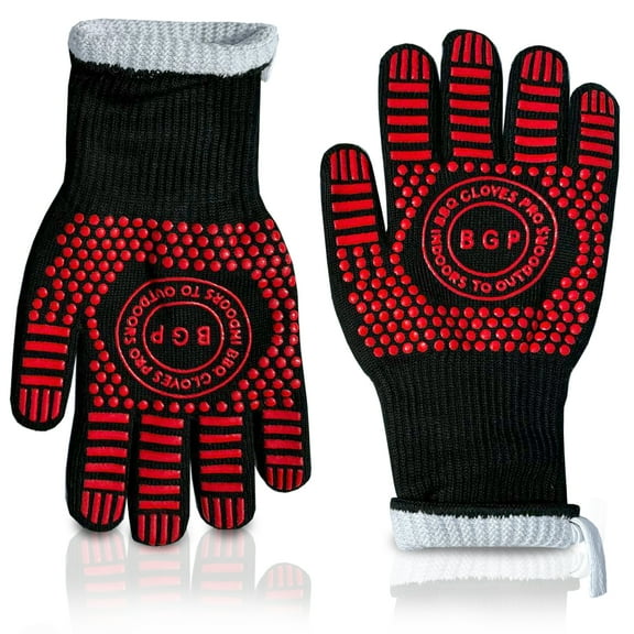 Red BBQ Gloves, 1472°F Heat Resistant Gloves, 13.4-Inch Non-Slip Silicone, Moisture-Proof Kitchen Safety Gloves for Cooking, Baking, Grilling, Fireplace, and Outdoor (Red and Black)