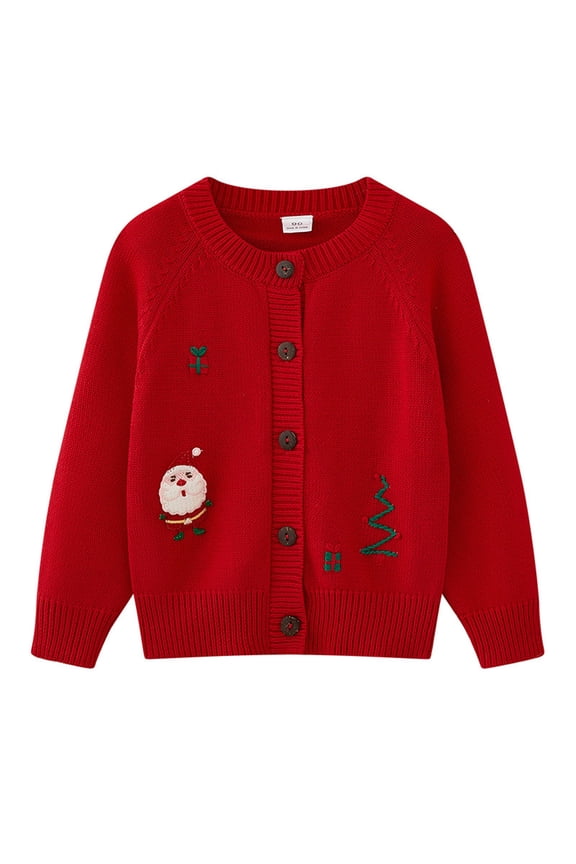 Red Baby Boat Neck Sweater Outerwear for Children Boy Girl Winter Fall Long Sleeve Happy Festival Christmas Lounge Crochet Thermal Cable Knit Cardigan Outfit Kid 2025 4 Years