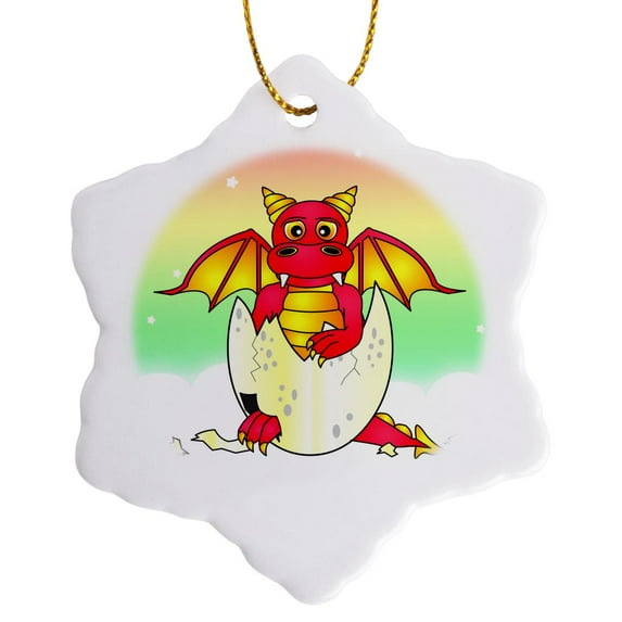 3drose, Red Baby Dragon in Cracked Egg, 3 inch Snowflake Porcelain Ornament