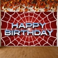 thumbnail image 1 of Red Background Banner Spider Web Pattern Birthday Display 3D Letters Shiny Design Party Backdrop for Birthday Party Kids Celebration Photo Shoot, 1 of 8