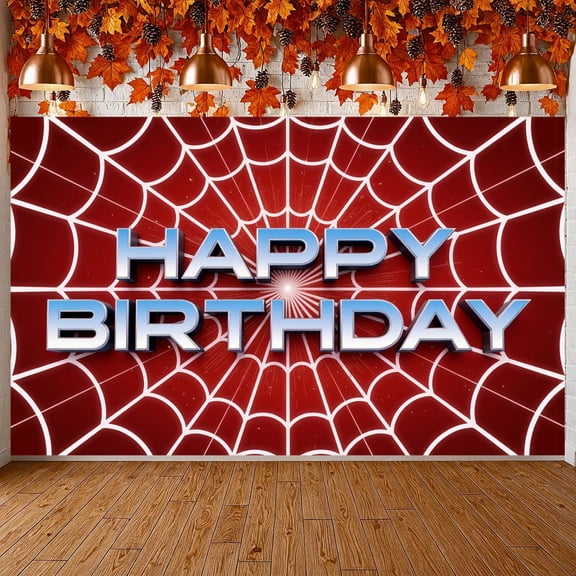 Red Background Banner Spider Web Pattern Birthday Display 3D Letters Shiny Design Party Backdrop for Birthday Party Kids Celebration Photo Shoot