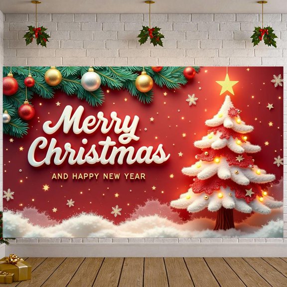 Red Background Christmas Banner Christmas Tree Design Holiday Banner Golden Star Colorful Baubles New Year Banner for Christmas Party New Year Celebration Family Gathering