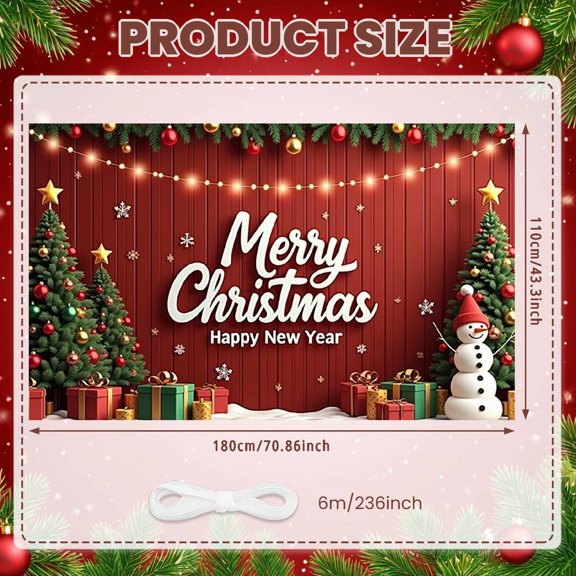 Red Background Christmas Banner Christmas Tree New Year Banner Gift Boxes Snowman Decor Holiday Banner for Christmas Party New Year Celebration Indoor Event