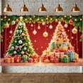 thumbnail image 1 of Red Background Christmas Banner Christmas Tree Xmas Display Gift Boxes Golden Bells Holiday Backdrop for Christmas Party Home Celebration Xmas Gathering, 1 of 9
