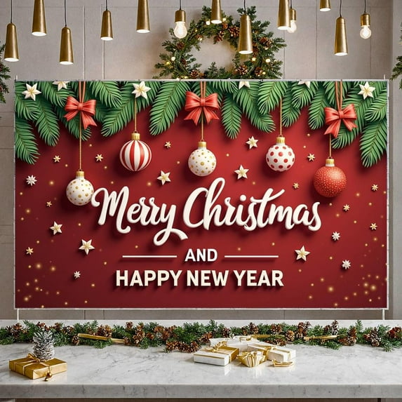 Red Background Christmas Banner Festive Design New Year Banner Star Decor Red Bows Holiday Banner for Christmas Party New Year Celebration Indoor Decor