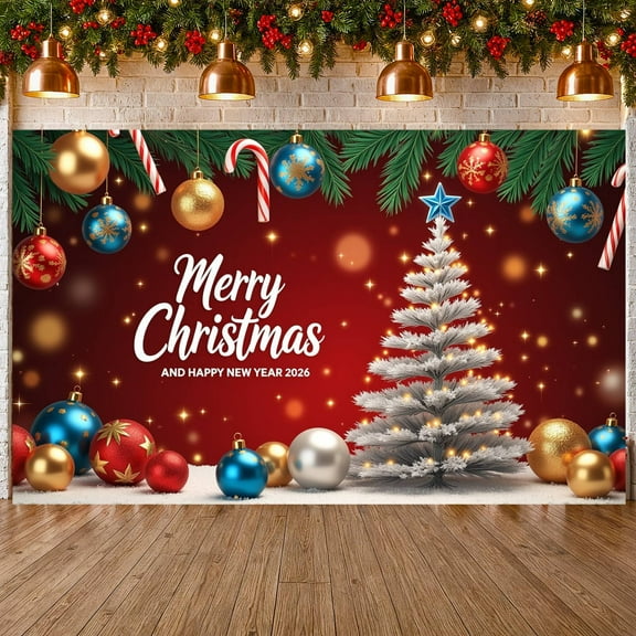Red Background Christmas Banner Gold Blue Ornaments Xmas Backdrop Candy Cane Decor Snowflake Pattern Holiday Background for Christmas Party New Year Celebration Indoor Decoration