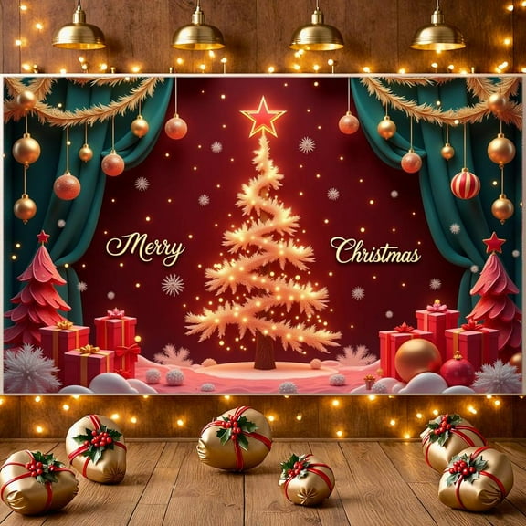 Red Background Christmas Banner Gold Decorations Merry Christmas Banner Lighted Star Snowflake Pattern Holiday Banner for Christmas Party Indoor Decoration Photo Background