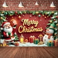 thumbnail image 1 of Red Background Christmas Banner Gold Lettering Merry Christmas Banner Santa Claus Design Snowman Pattern Xmas Banner for Christmas Party Holiday Celebration Family Gathering, 1 of 9